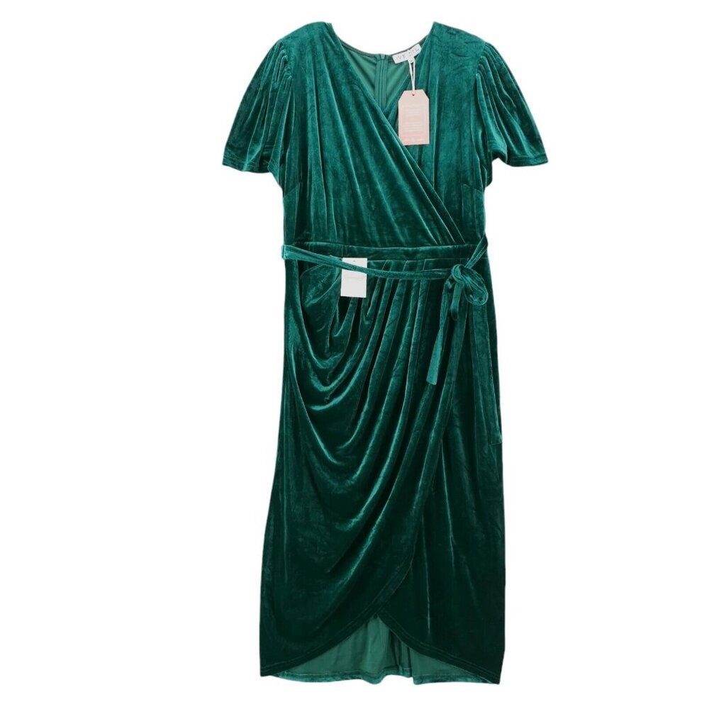 NWT IVY CITY CO Lillie Dress Emerald Green Velvet Faux Wrap Belted 1X